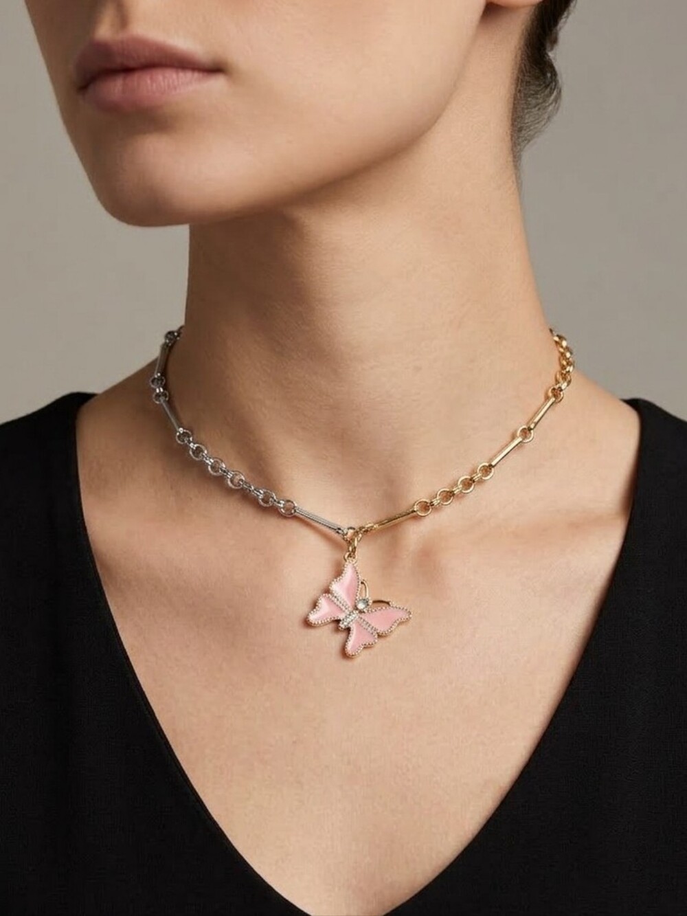 Two Toned Rhinestone Pink Butterfly Padlock Statement Necklace 18in EUC